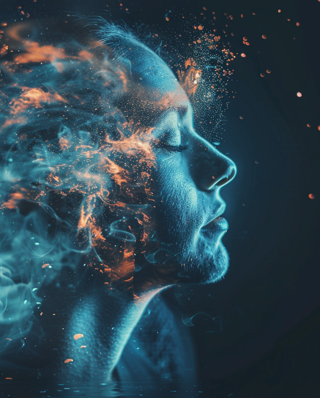 A profile of a serene womans face with her eyes closed, merging with swirling abstract blue and orange smoke and light, creating a dreamlike, ethereal effect against a dark background.