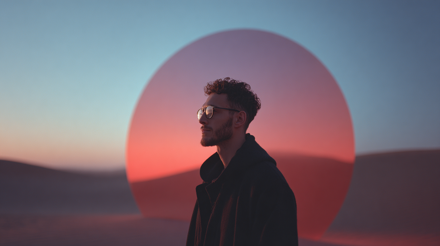 A man wearing sunglasses and a dark coat stands in a desert at sunset, with a large, glowing pinkish-red circle behind him, blending into the sky and sand.