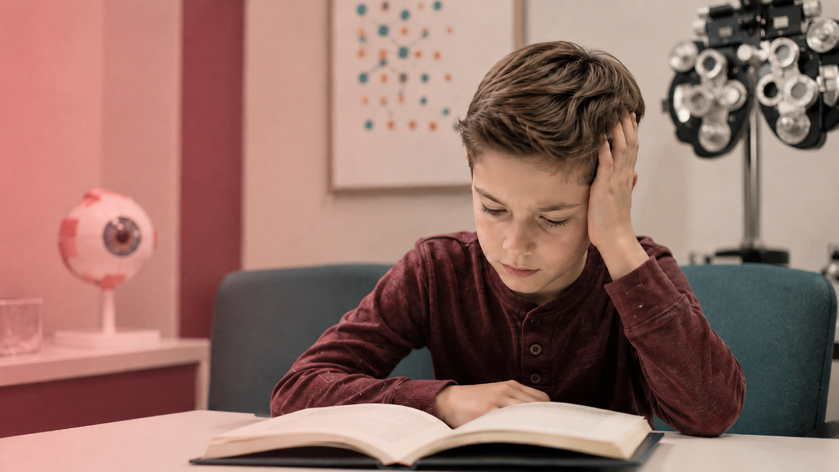 A boy in a red shirt sits at a table reading a book, resting his head on one hand. Behind him are an anatomical eye model, a colorful wall chart, and an eye examination device.