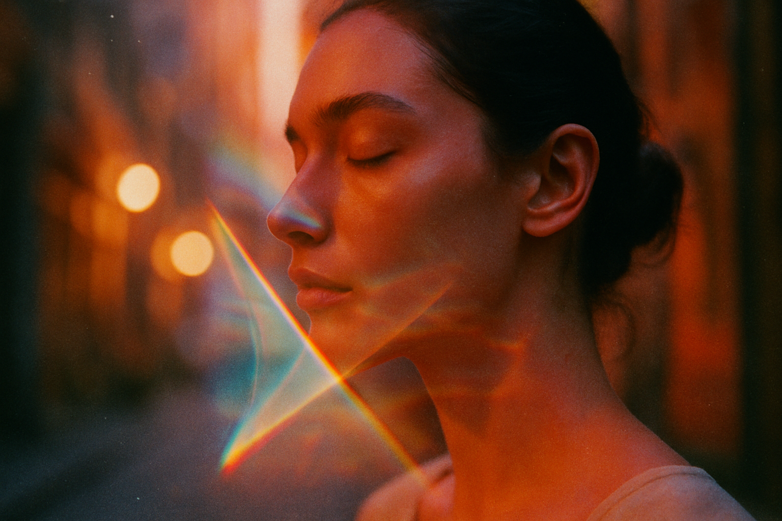 A woman with closed eyes stands in soft, warm light on a city street at dusk. Rainbow-colored light flares cross her face, creating a dreamy and serene atmosphere.