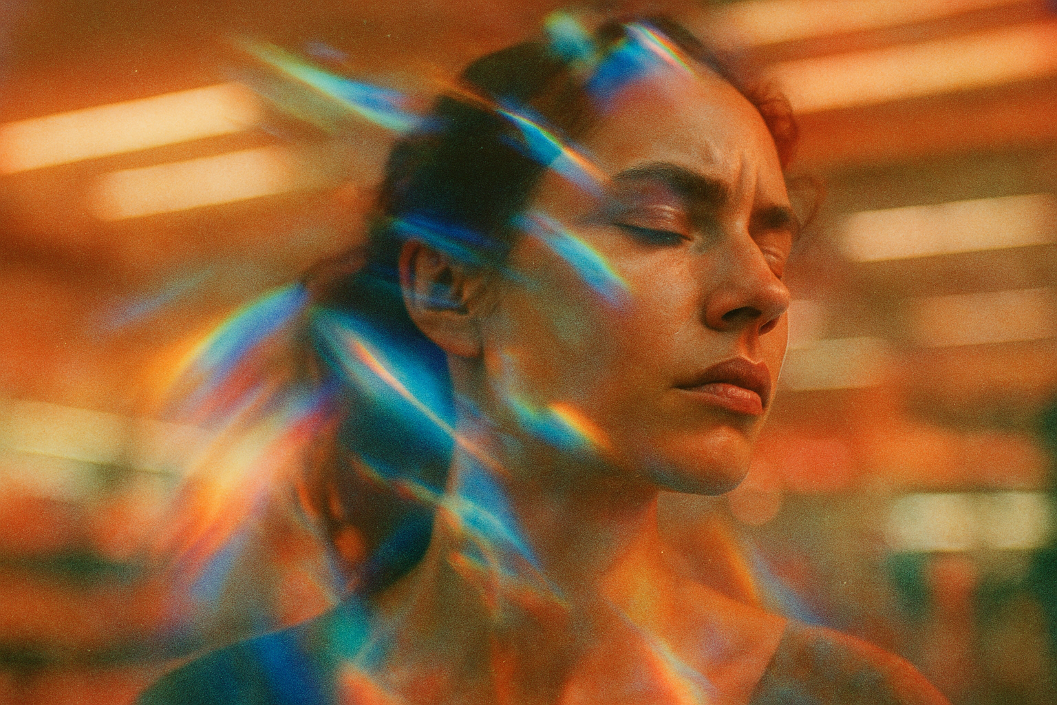 A woman with her eyes closed is surrounded by colorful, prismatic light streaks, creating a dreamy, ethereal effect against a warm, blurred background.