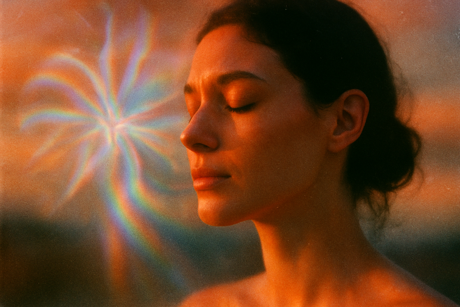 A woman with closed eyes stands in warm, soft light. Next to her face, a swirling, rainbow-colored light pattern appears, creating a dreamy, surreal atmosphere.