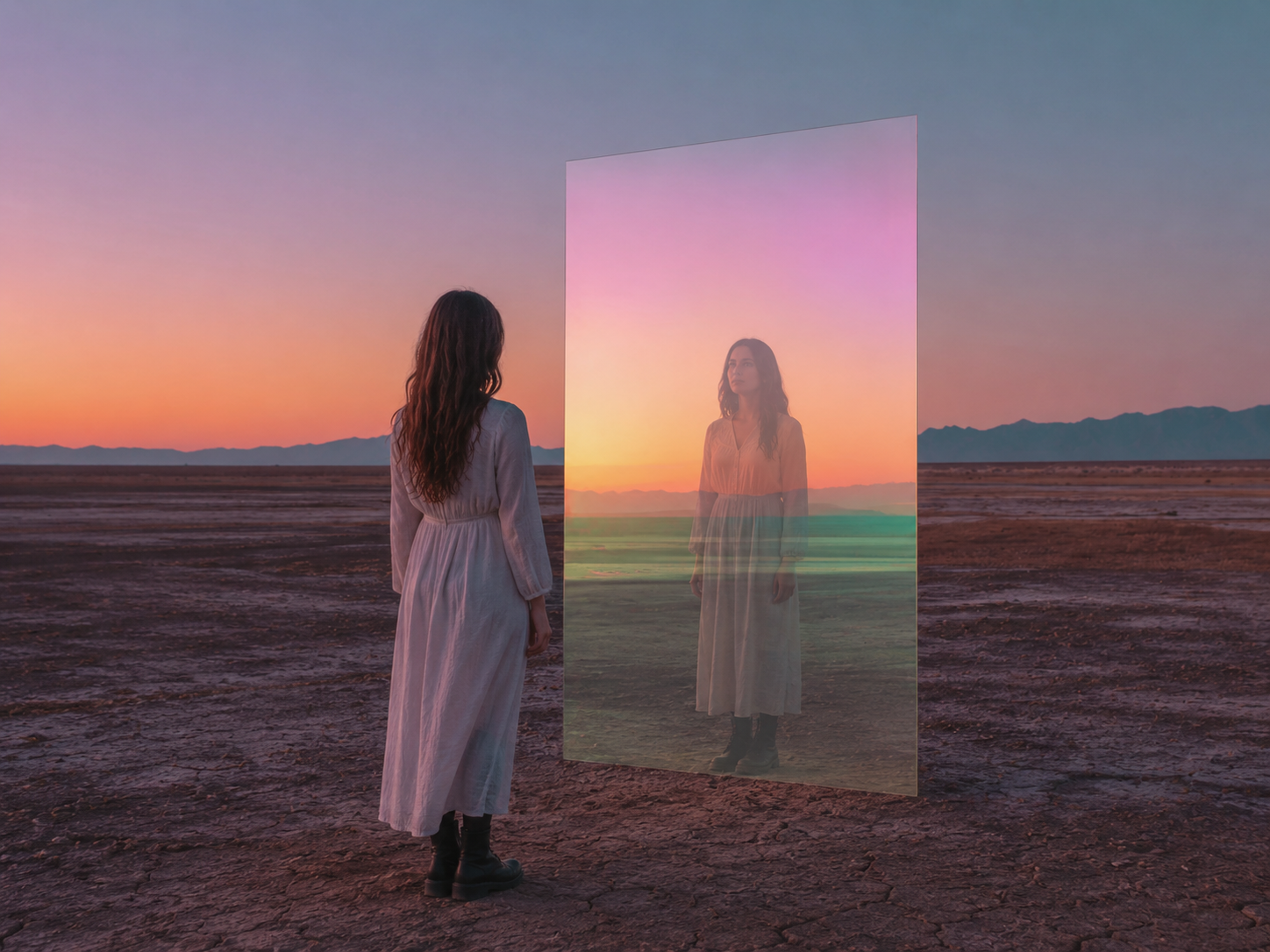 A woman in a long white dress stands on barren ground at sunset, looking into a large mirror that reflects her image and the colorful sky. Mountains are visible in the background.