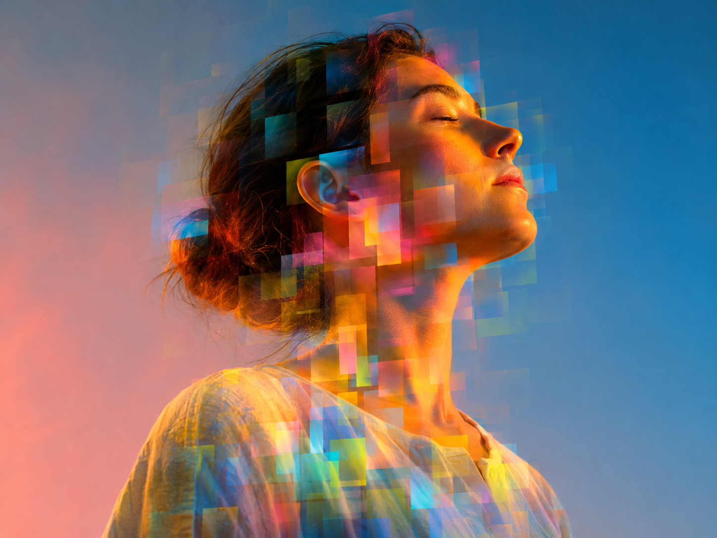 A woman with closed eyes stands against a blue and orange background, illuminated by colorful, pixelated light effects that create a digital, futuristic atmosphere around her face and upper body.