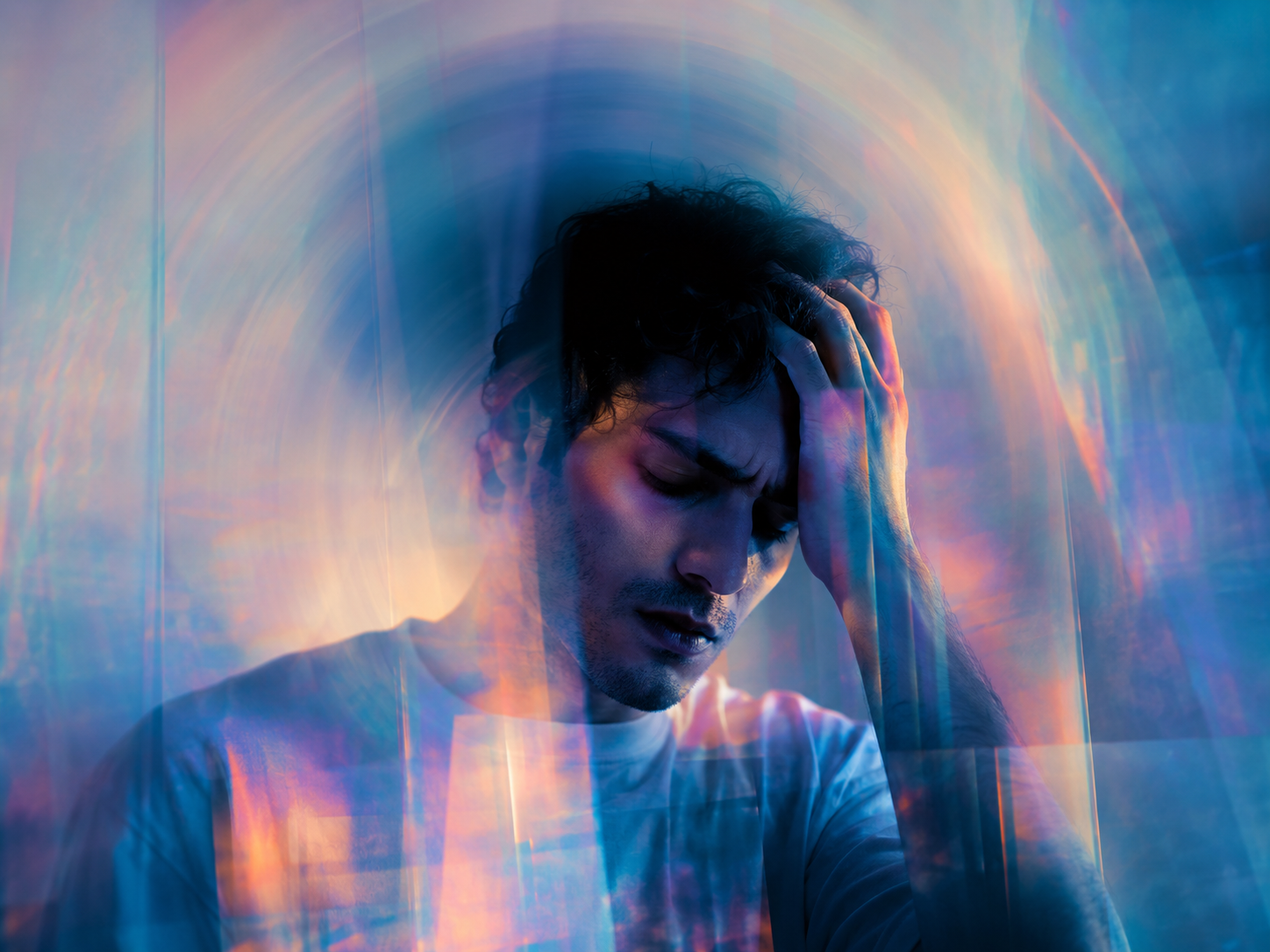 A young man with dark hair holds his head in distress, eyes closed, surrounded by swirling, colorful, abstract light effects that create a sense of confusion or emotional turmoil.