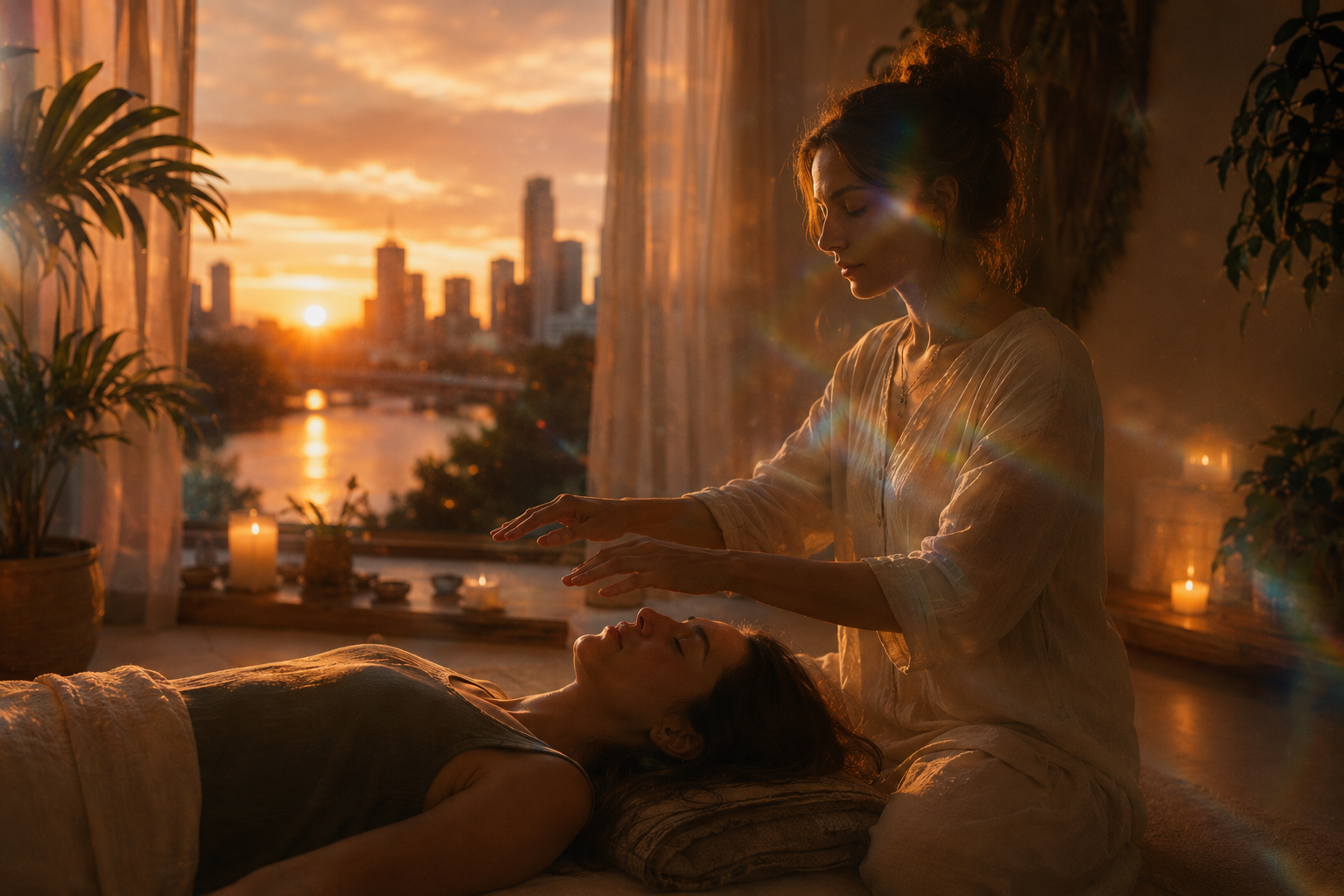 A woman performs a healing or relaxation ritual over another woman lying down, surrounded by candles in a warmly lit room with large windows overlooking a city skyline at sunset.