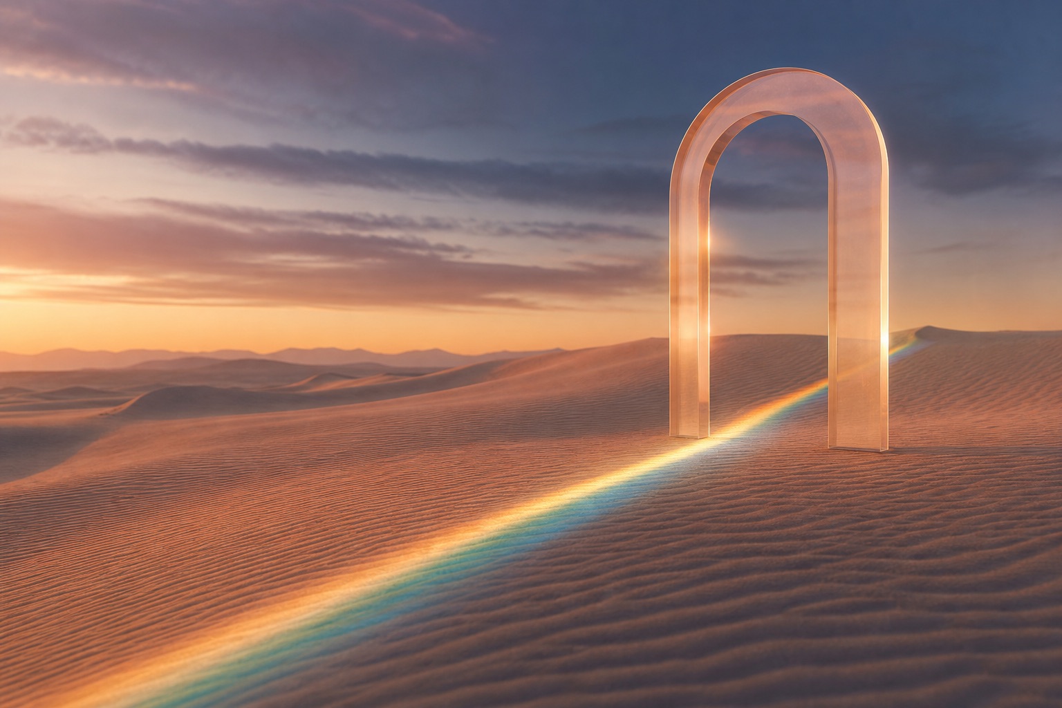 A peach glass arch casting a spectrum band that travels up a gently rising line of dunes