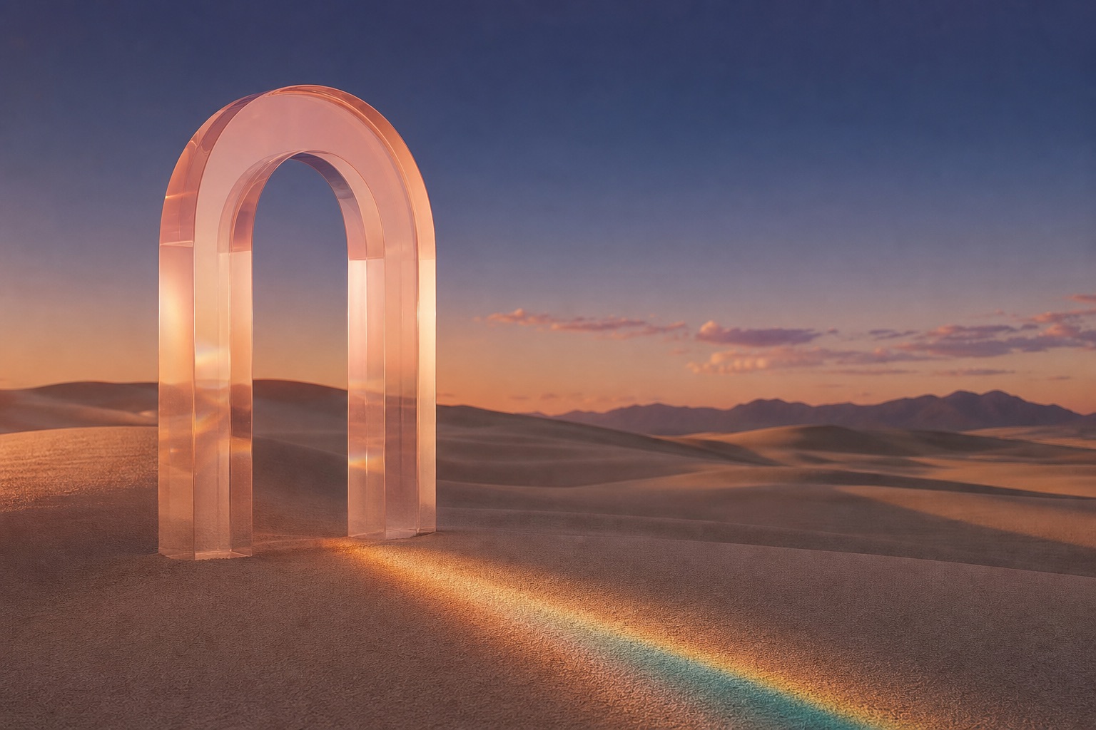A translucent peach glass arch on desert dunes at sunset, casting a single band of prism light across the sand