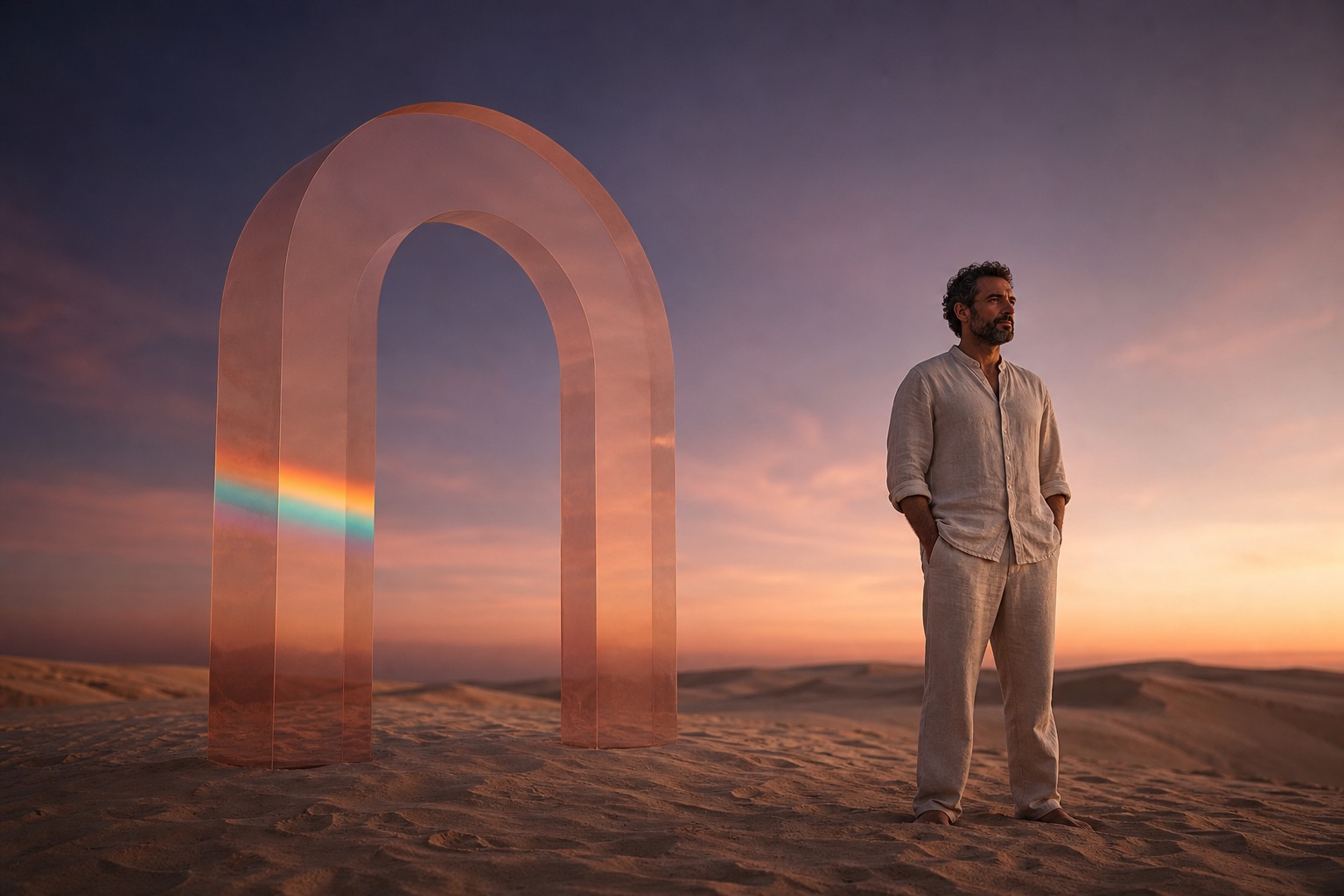 A man standing with an open, considering posture on soft desert dunes at sunset