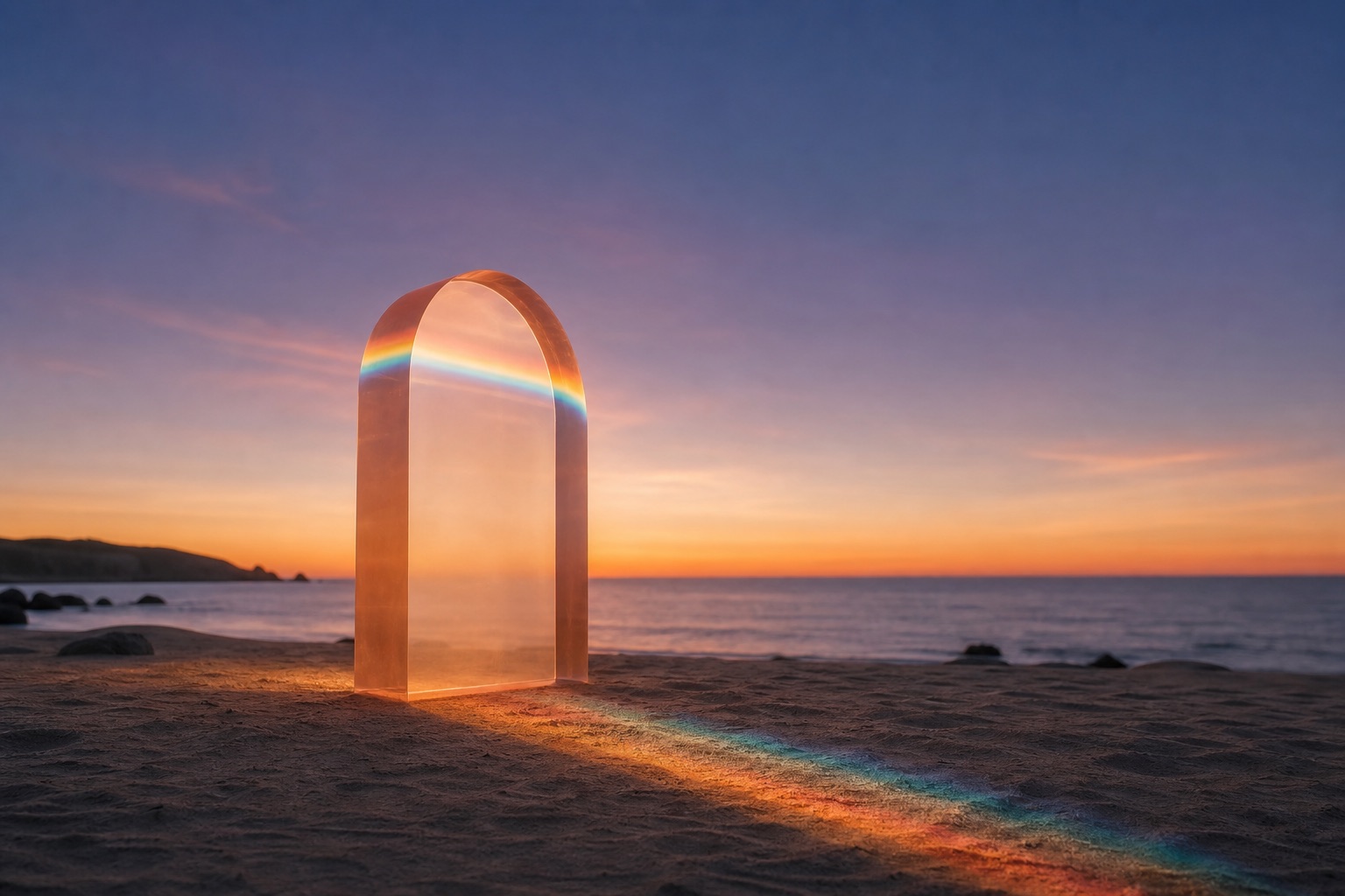 Light striking the top of a translucent peach arch and resolving into a spectrum before reaching the sand