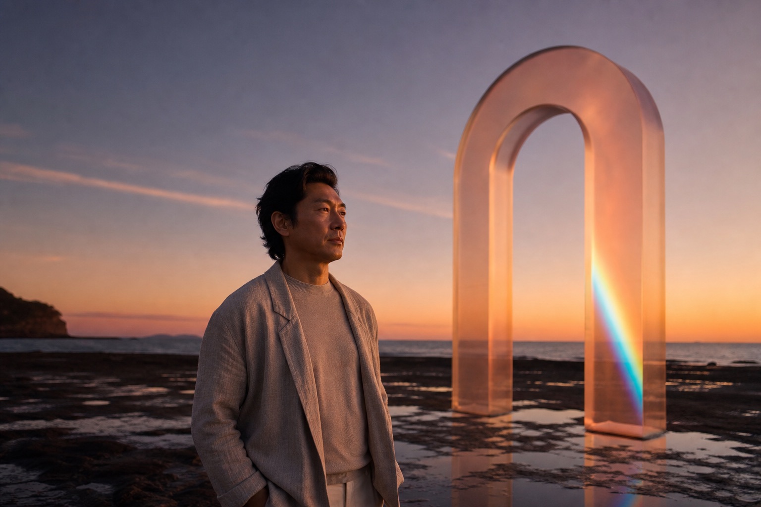 A man standing on a quiet coastal flat at dusk, shoulders lowered and gaze soft