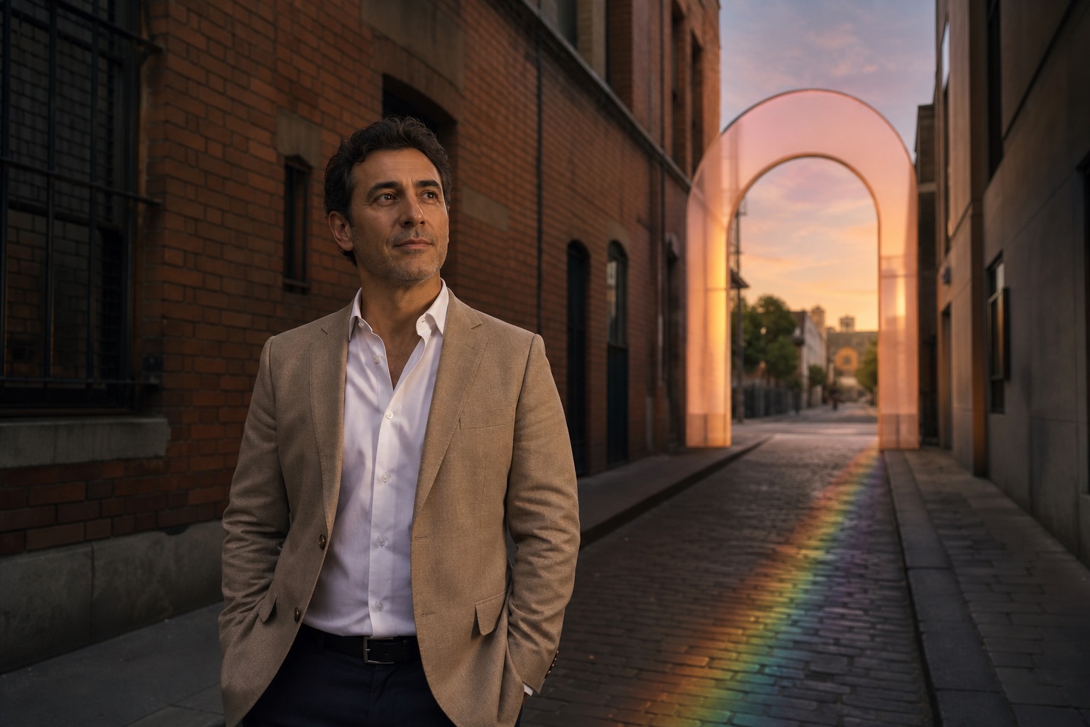 A man in professional clothing standing in a quiet Melbourne laneway at sunset