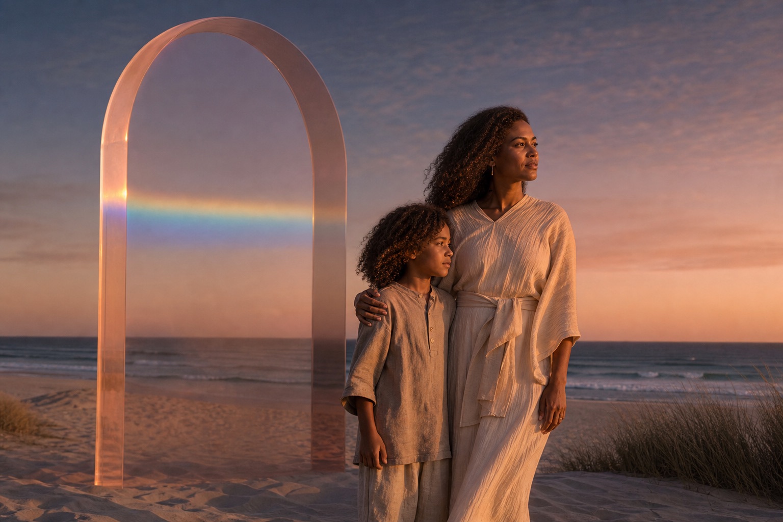A mother and her child standing calmly together on a quiet coastline at sunset