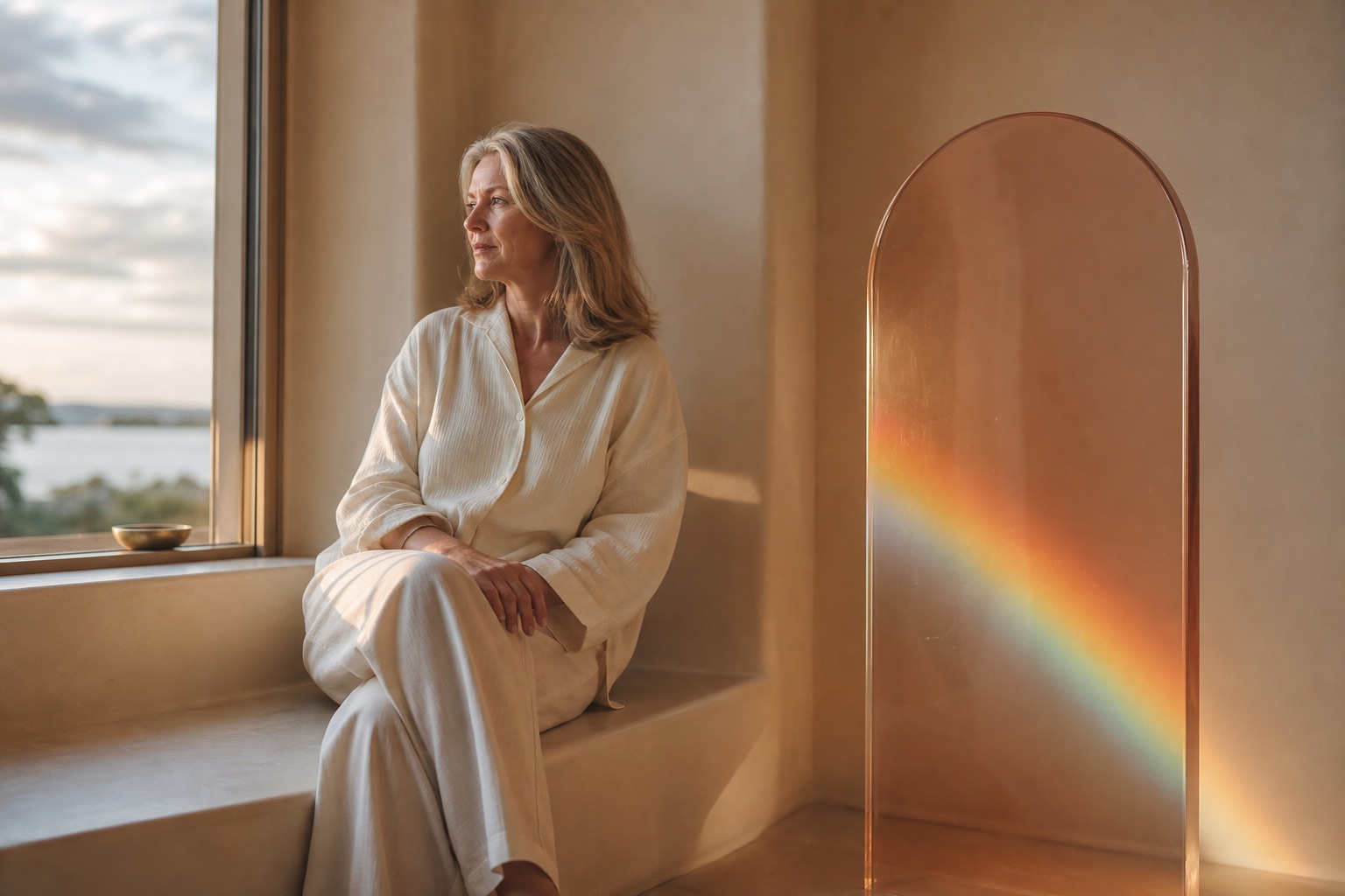 A woman seated unhurried by a large window in soft daylight