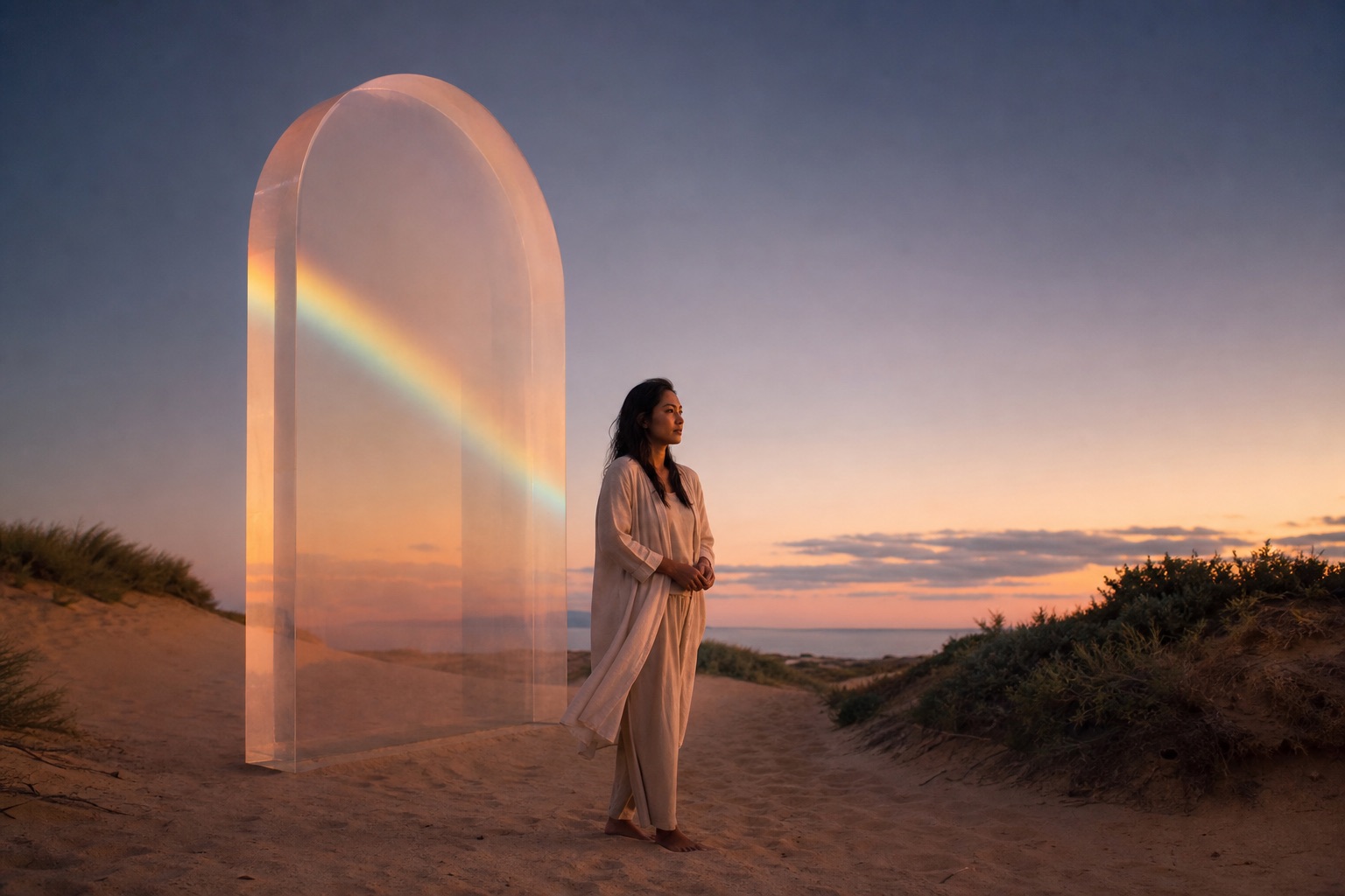 A woman standing calmly where two gentle paths meet on desert dunes at sunset