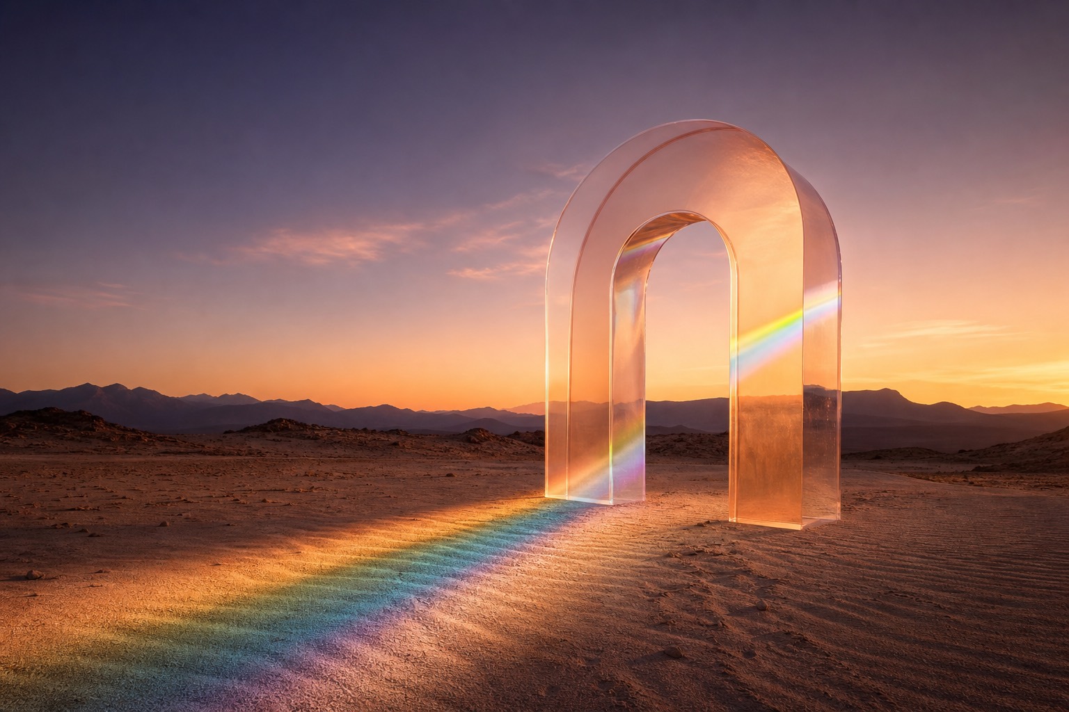 Light entering a translucent peach arch and fanning outward across rippled sand in one continuous spectrum