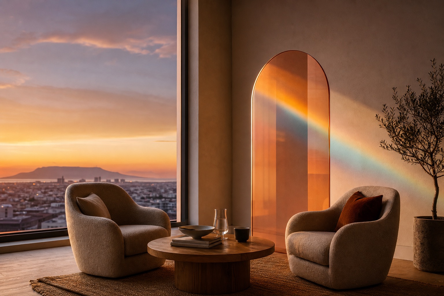 A warm consulting room at golden hour with two armchairs and a peach glass arch casting a soft spectrum