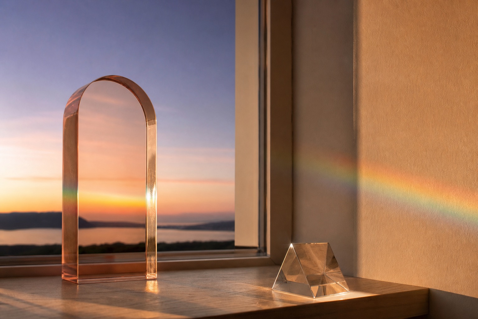 A glass prism on a sunlit timber windowsill casting a soft spectrum across a pale wall