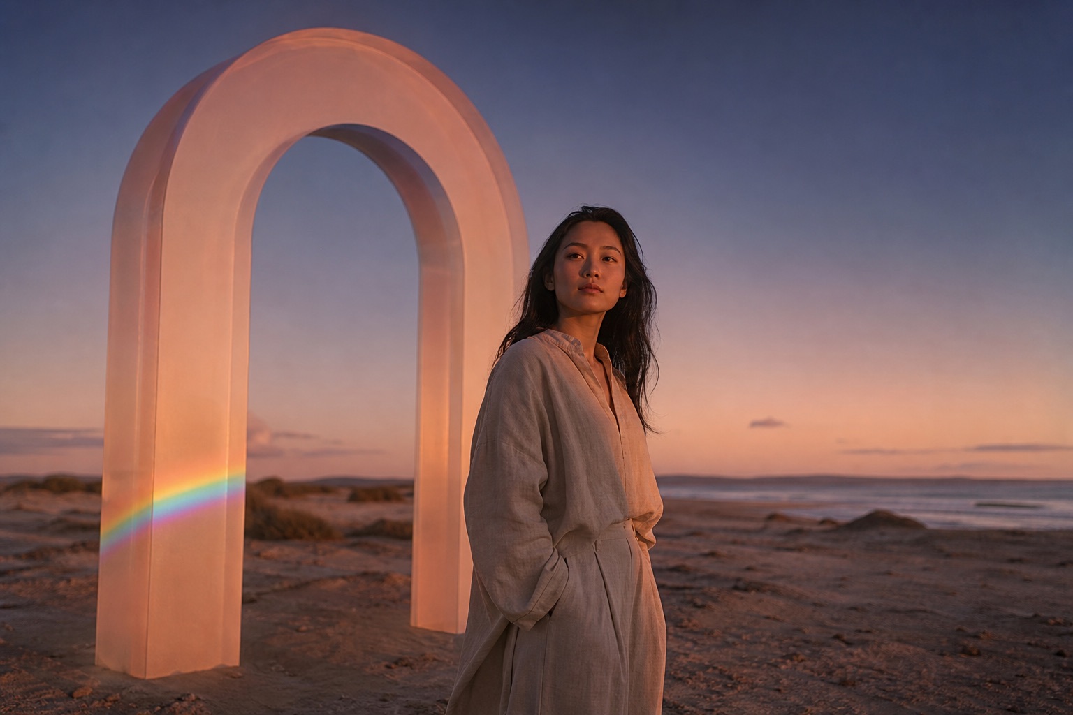 A woman standing quietly on a still coastal flat at sunset with generous space around her