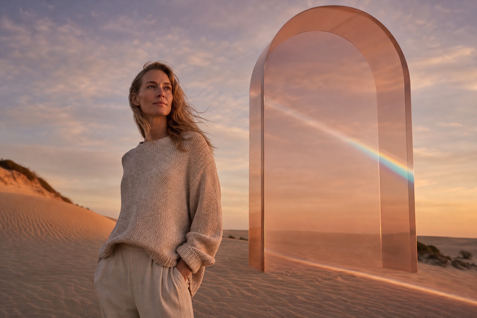A woman standing warm and unhurried in soft knitwear on gentle dunes in low golden light
