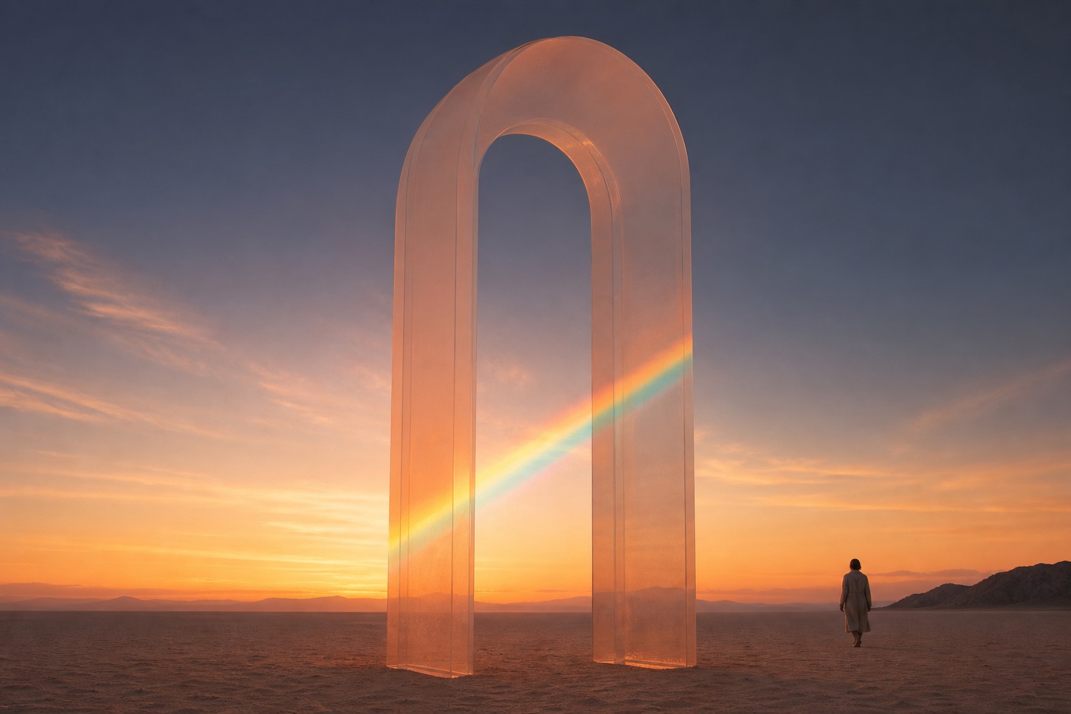 A translucent peach arch on firm flat sand at golden hour with one distant figure walking toward it