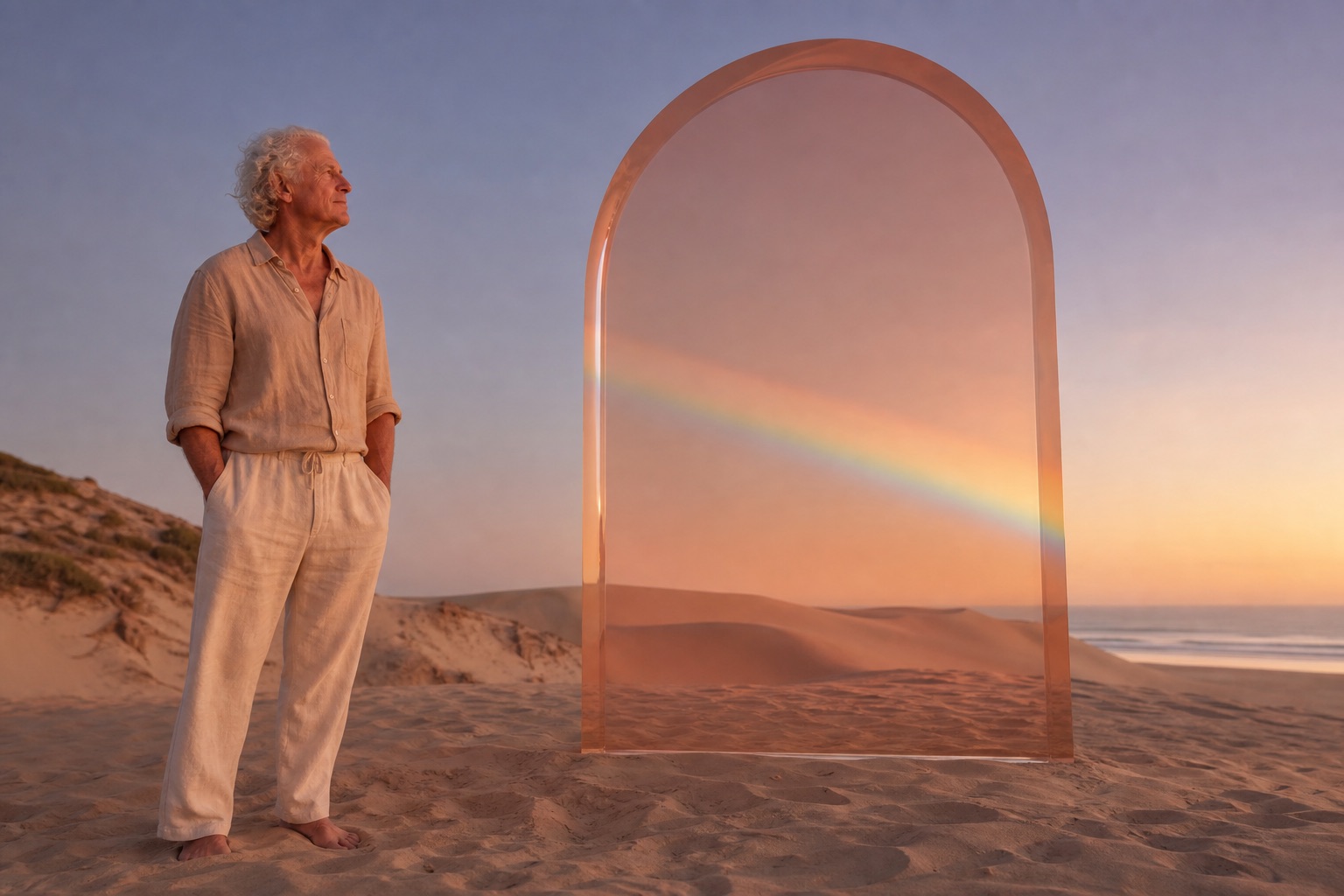 A white-haired man standing grounded and serene on soft dunes at sunset