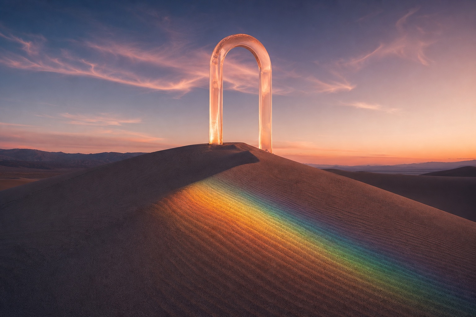 A translucent peach glass arch at the crest of a desert dune at sunset, casting a wide band of prism light across the sand