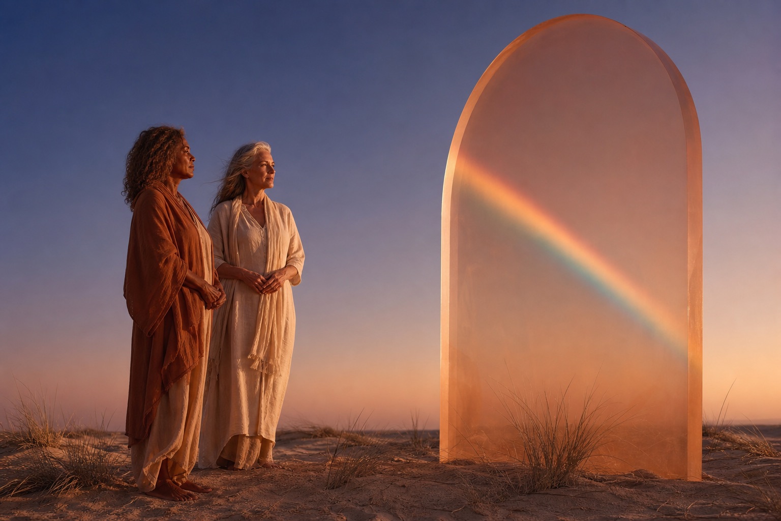 Two women standing together on soft dunes, considering something thoughtfully