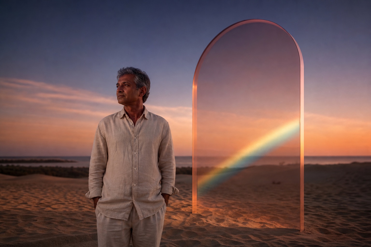 A man standing quietly on soft dunes at sunset, attention soft and open