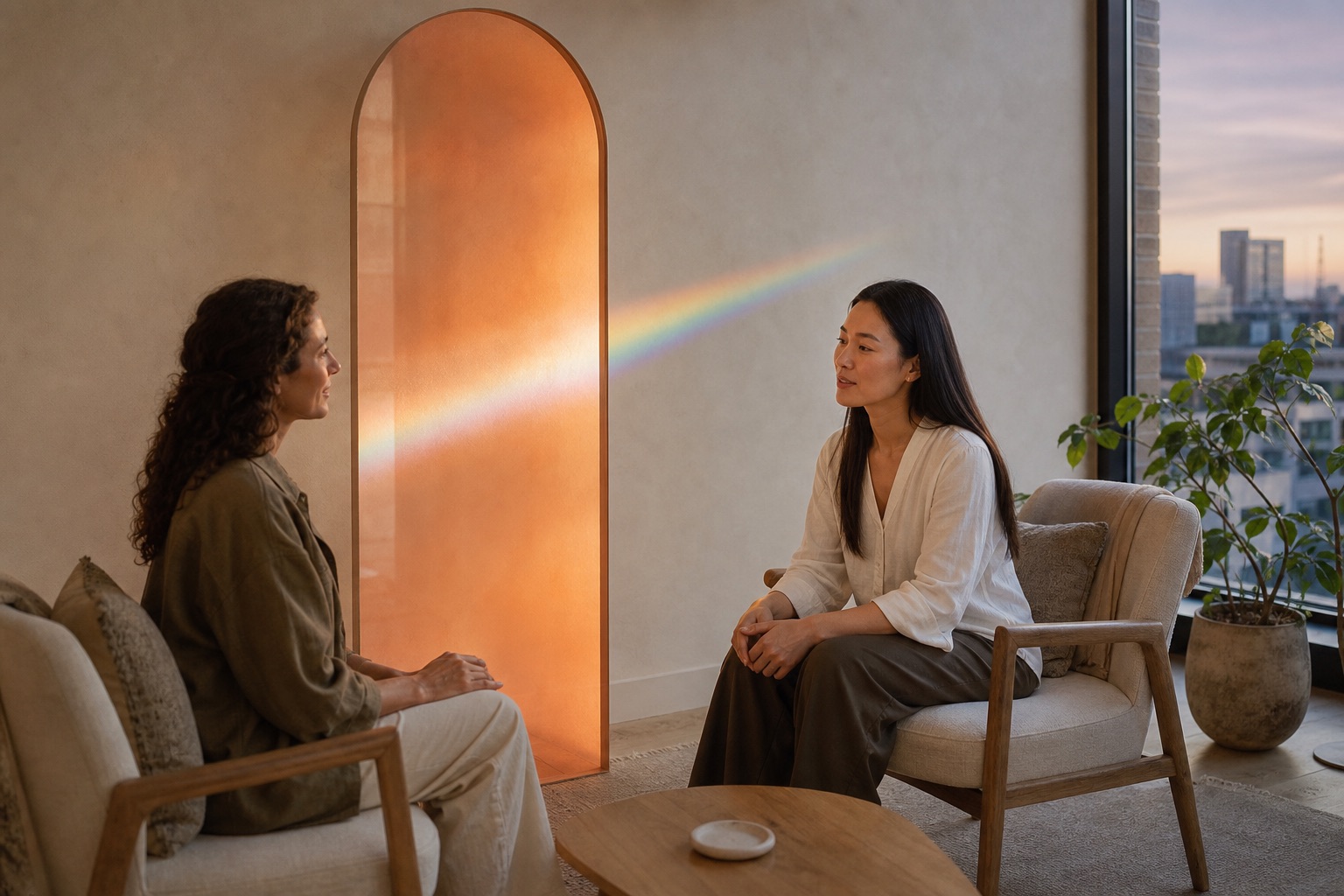 A practitioner and client seated comfortably in a warm, sunlit consulting room