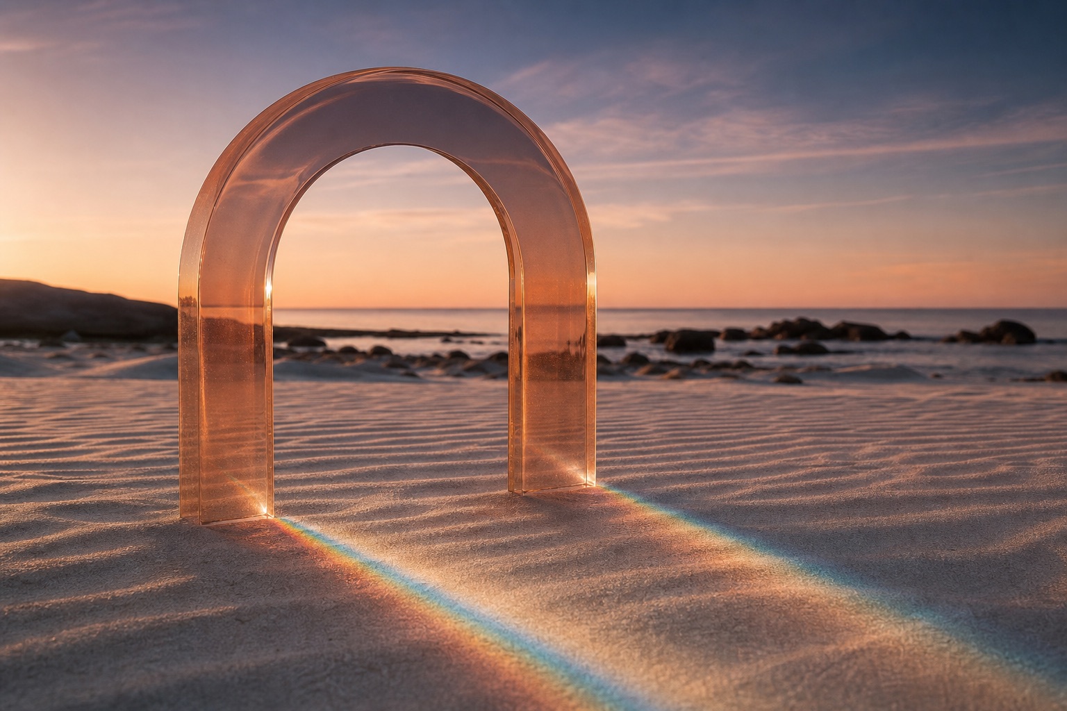Light refracting through a translucent peach glass arch into one clean spectrum across rippled sand