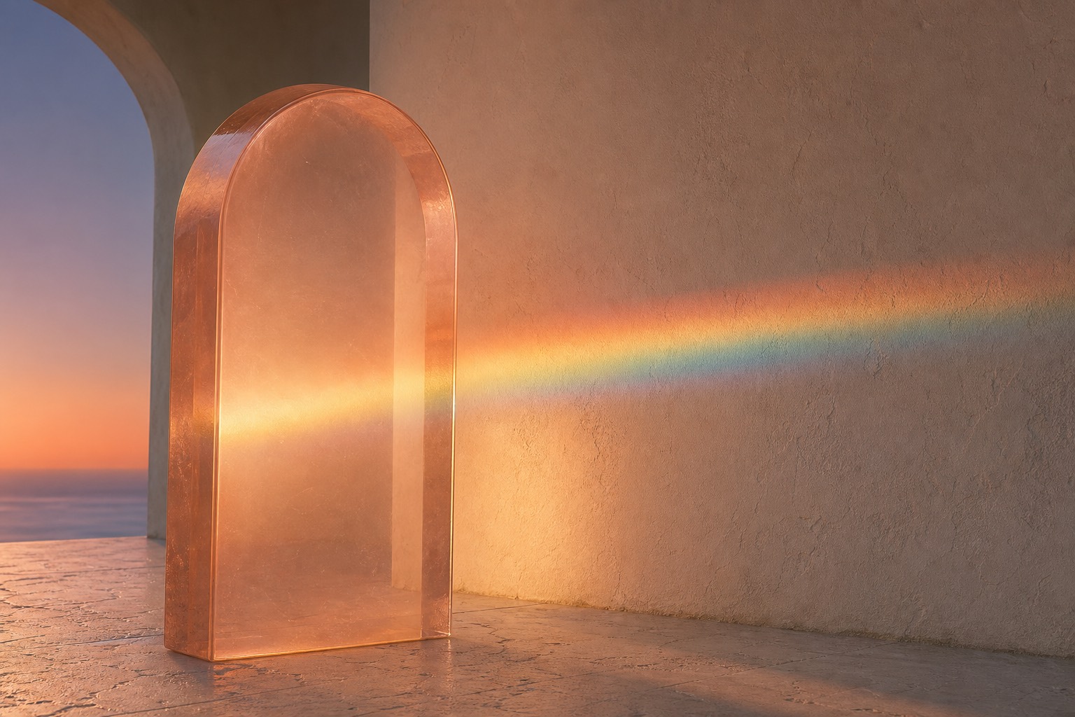 Light passing through a translucent peach arch and resolving into a single clean spectrum across a pale textured wall