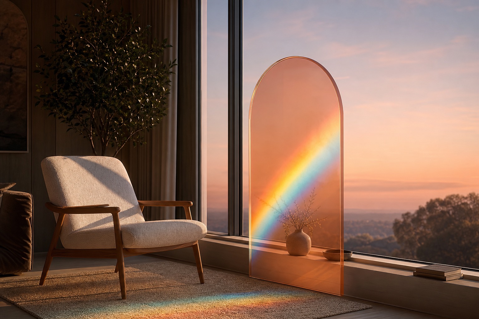 A single comfortable empty chair beside a tall window, a peach arch casting a soft spectrum across the floor