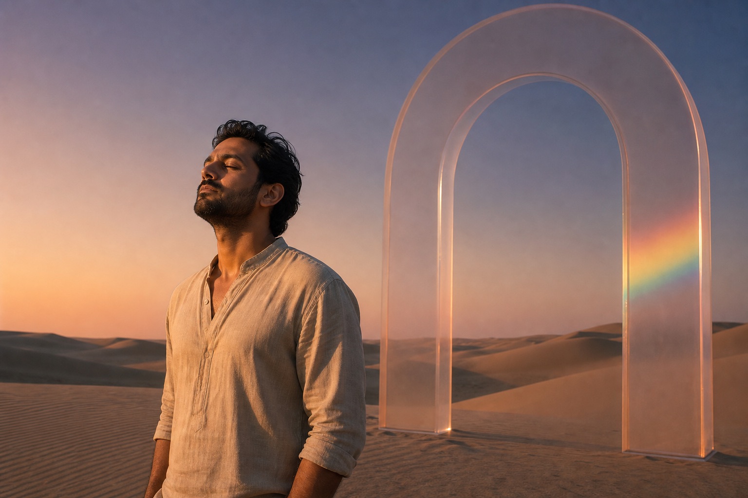 A man standing still with eyes softly closed, face tilted to the warm evening light