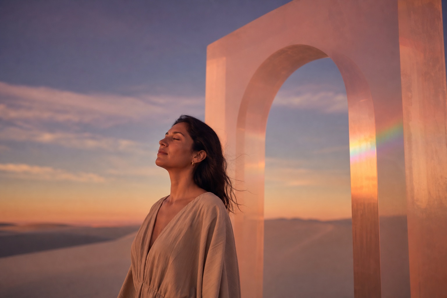 A woman standing on dunes at sunset with her shoulders dropped and jaw soft