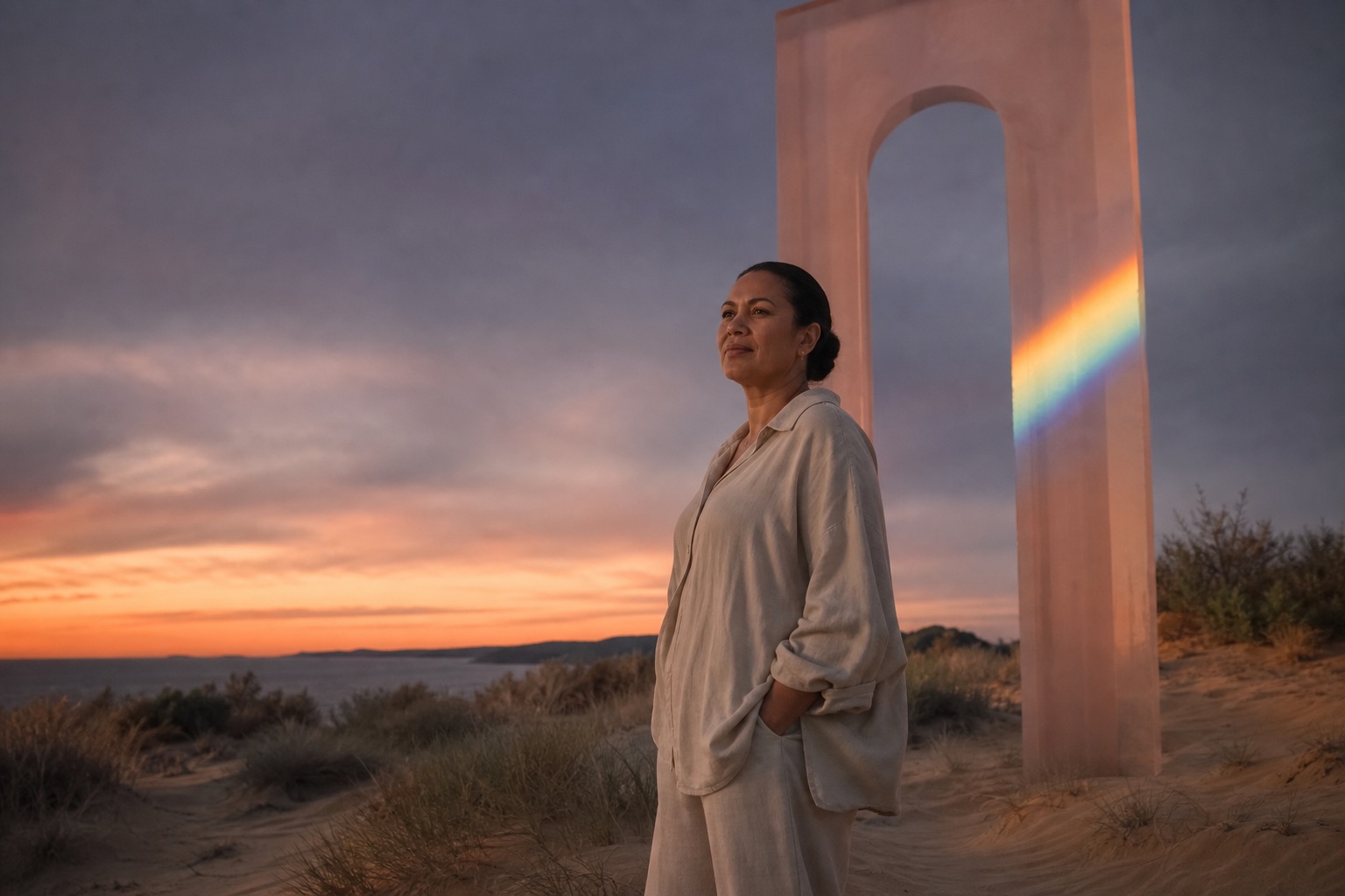 A woman standing on quiet dunes at sunset, shoulders easy and settled